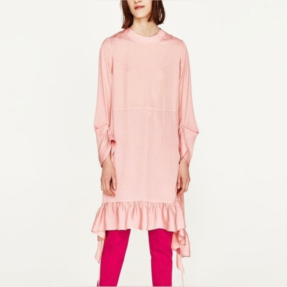 NWT Zara woman’s Frilled Pink Midi Dress Ruffled Hem Boho Size Large - Picture 13 of 15